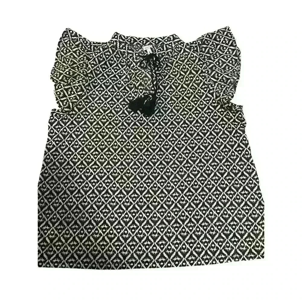 TheGET- Women’s Shirt Beige & Black Geometric Design With Ruffles Short Sleeves